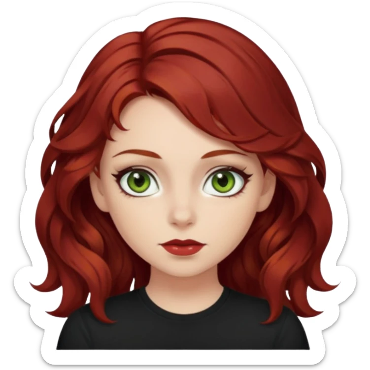 a pretty FAIR bratz girl with wavy dark red hair, wearing a black tee. eyeliner on, olive green eyes.  sticker