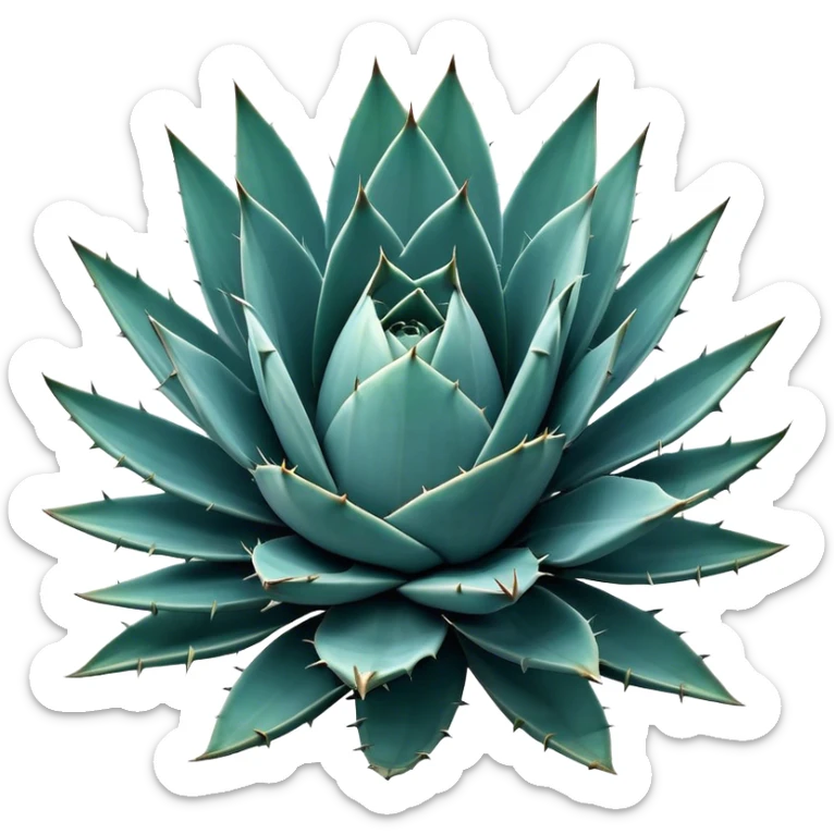 Cinematic Realistic Agave Emoji, Bold and spiky, with long, pointed leaves forming a rosette pattern. The sharp edges and soft blue-green hue exude a sense of rugged beauty and desert resilience. Soft glowing outline, capturing the essence of survival and strength in a striking agave plant! sticker