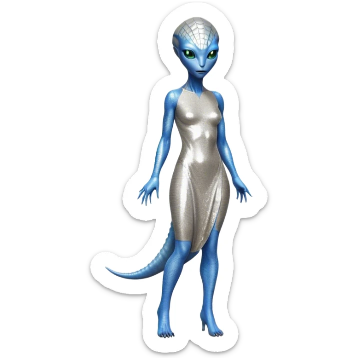 alien reptilian woman in silver dress, full body blue eyes sticker