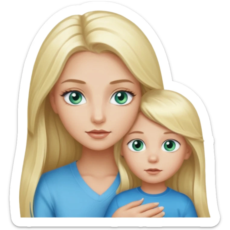 blonde baddie girl  with blue-green eyes, Long lashes, long hair, Hold little Boy with light blue eyes sticker