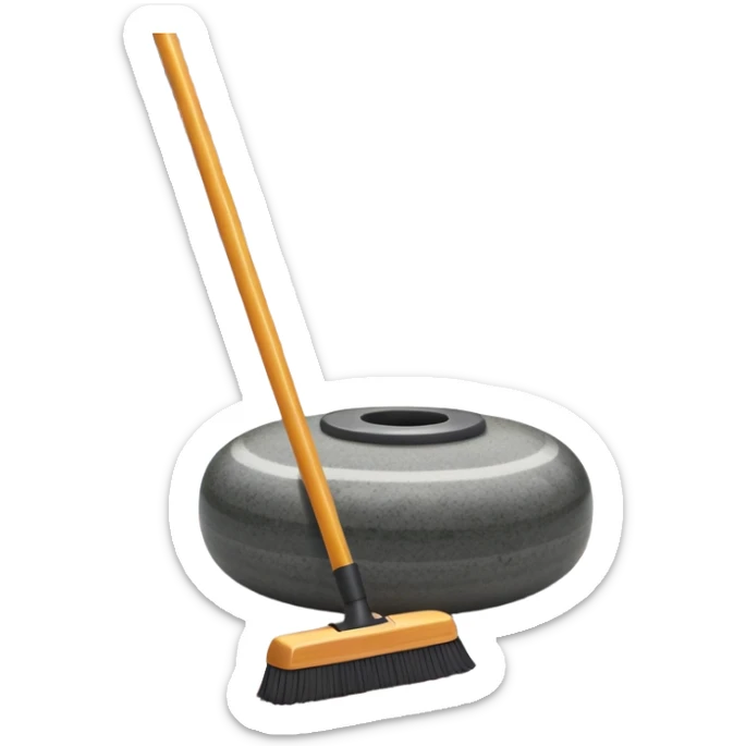 An icon showing a detailed close-up of a curling stone sliding across the ice, with a broom in motion beside it. The background features an indoor stadium with cheering spectators on the stands. Transparent background captures the strategy and focus of curling. sticker