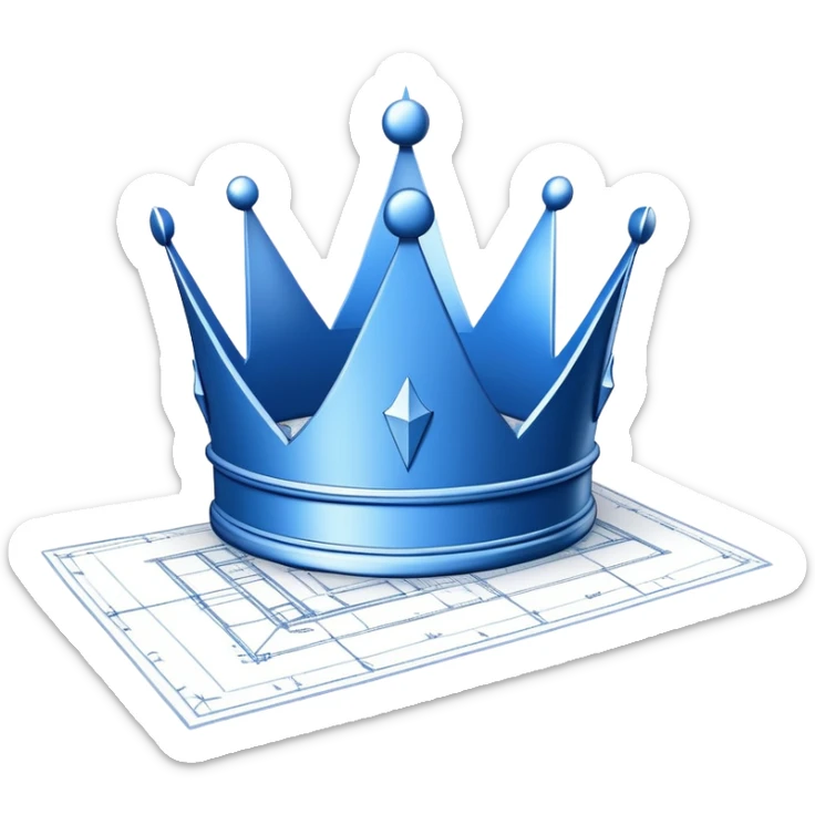 side view of a blue blueprint plan with the sketch of a crown in white lines sticker