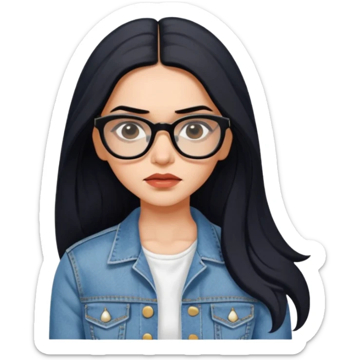 generate a pretty bratz emoji 
Make her wear a white dress with a denim jacket over it.long  black hair in a side part 

She should look exactly  like Deepika padukone! wearing tiny rectangular spectacle, looking sad sticker