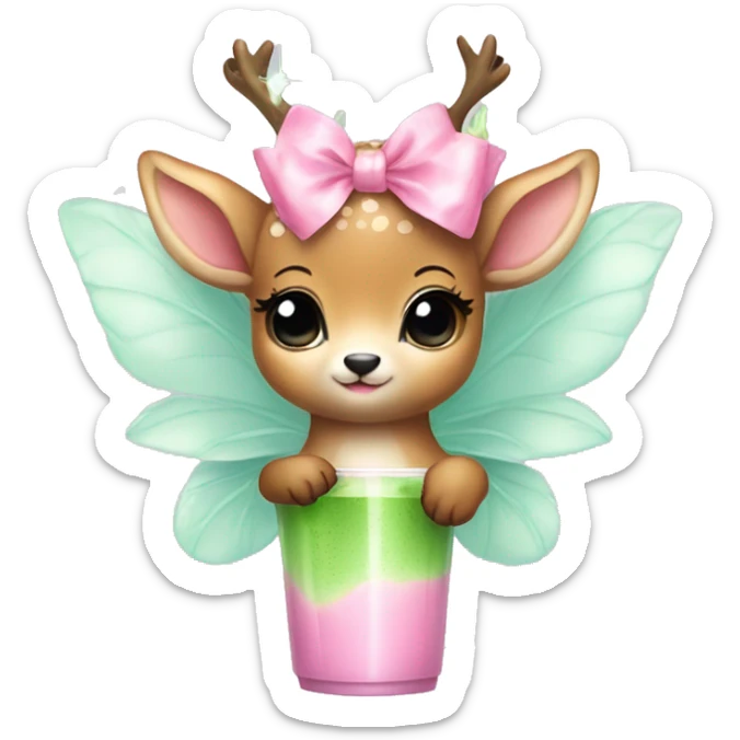 baby deer with fairy wings and a pink bow around its neck drinking iced matcha latte  sticker