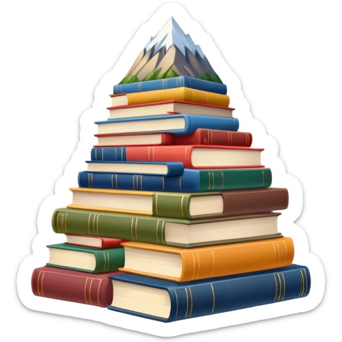 A tall mountain made of stacked books of different colors and sizes sticker