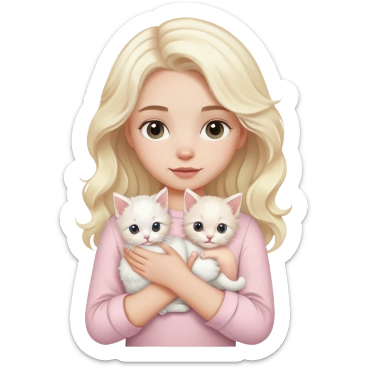 cô gái da trắng tóc bạch kim gợn sóng mặc áo màu hồng nhạt bế một em mèo con lông trắng sticker