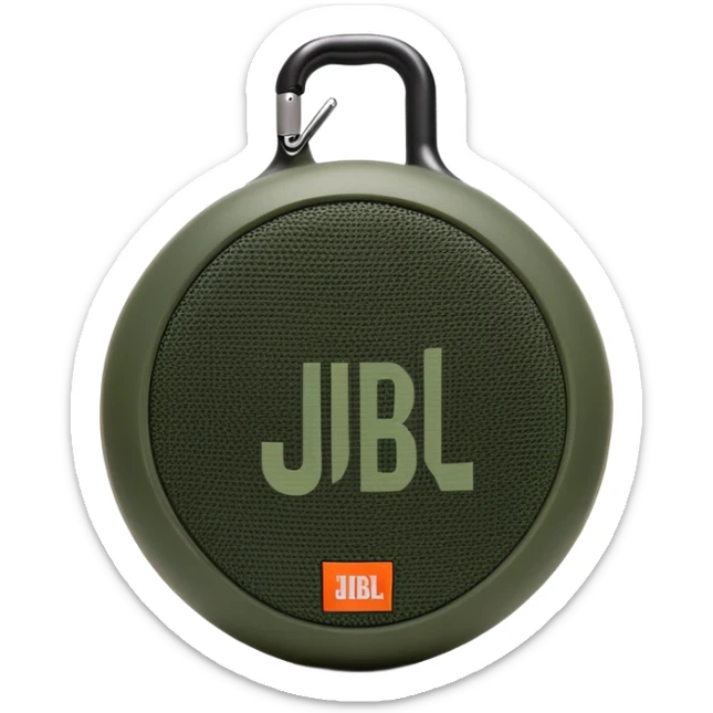 Simple JBL Clip 4 portable speaker with correct round body and built-in carabiner hook, minimal green camo pattern, iOS emoji style sticker