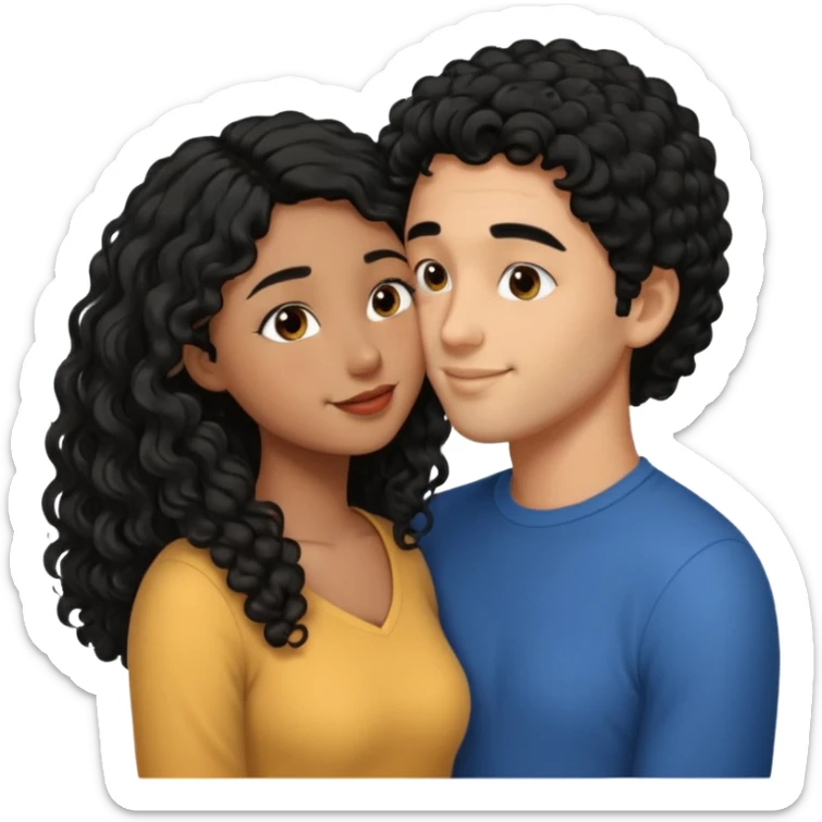 a straight short black hair man kissing a shorter girl with long black curly hair sticker