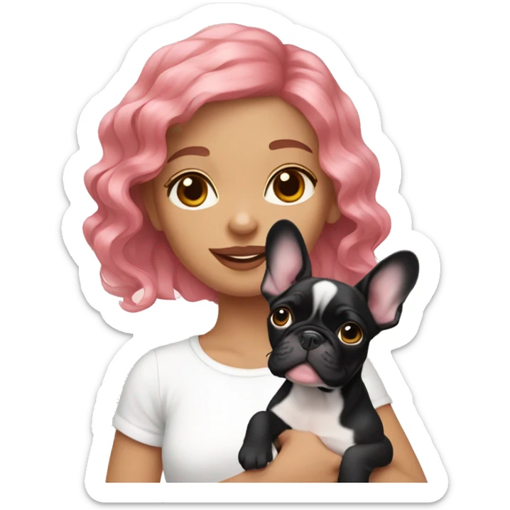  girl with medium pink wavy hair holding a french bulldog puppy  sticker