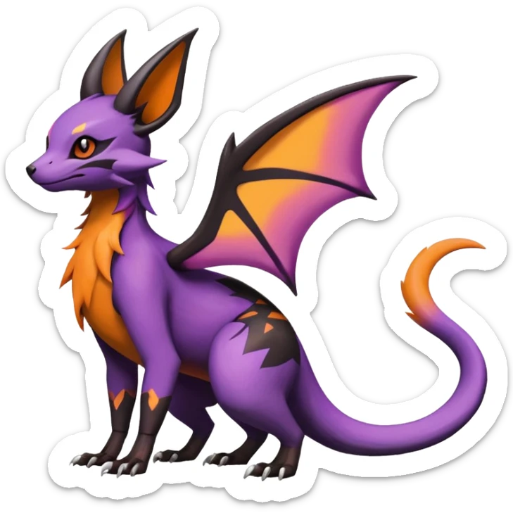 Rare epic aesthetic colorful Noivern-Salandit-Noibat-Eevee-Civet-species-Fakemon-hybrid-creature, with markings, full body sticker