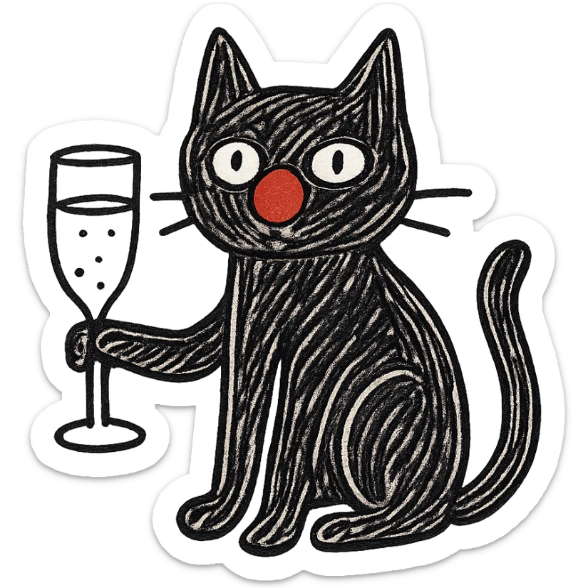 black cat with a red clown nose and a champagne glass, hand-drawn and quirky sticker