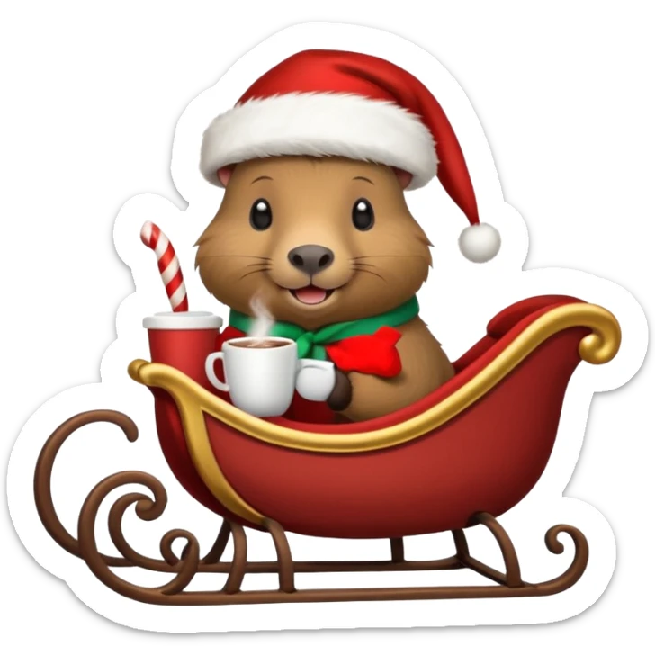 capybara wearing a santa hat, holding a cup of hot cocoa in a sleigh sticker