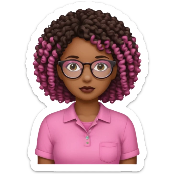 Black girl with curly hair with glasses wearing a pink shirt that’s cut on the side  sticker