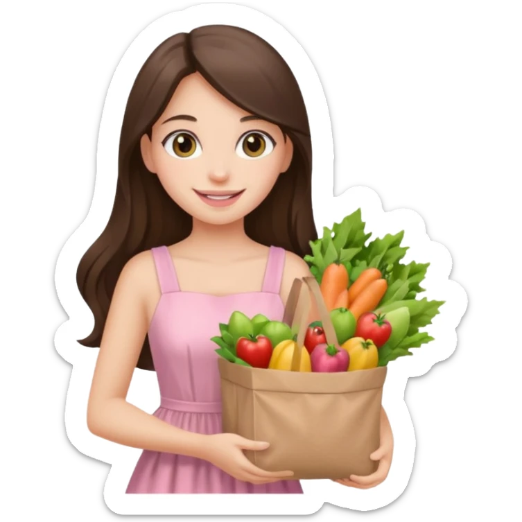 pretty smiling long brunette hair girl hazel eyes wearing light pink dress holding groceries sticker