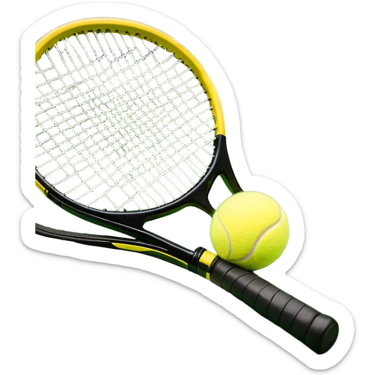 A tennis racket with a bright yellow tennis ball resting on it, set against the backdrop of a well-maintained tennis court. The scene emphasizes the smooth lines of the court and the focus on the ball and racket, symbolizing the elegance and precision of the sport sticker