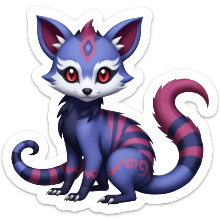 Rare warm-colored exotic gloomy tropical edgy cute epic aesthetic spooky indigo purple white black red gothic colorful Salandit-Furret-Espurr-Meowstic-Civet-species-Fakemon-hybrid-creature, with tribal tattoo markings, full body sticker