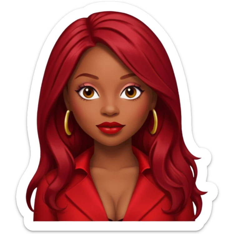LaTavia Robeson from Destiny's Child with long dark red hair, red outfit sticker