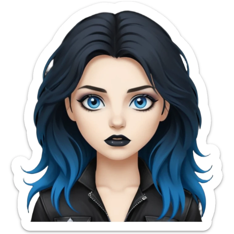 
 rockstar girl with long total black disheveled hair, blue eyes, Smokey eyes grunge makeup, rocking  sticker