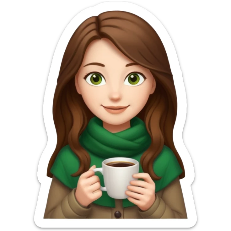 Girl green eyes brown long hair with brown-white winter clothes with coffee in her arms sticker