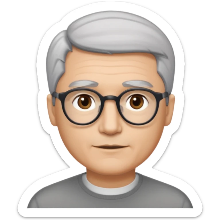 A man emoji with light skin, neatly combed short gray hair parted to the side, straight dark eyebrows, brown eyes behind black-framed glasses, an oval-shaped face, a small nose, and a subtle smile with no facial hair. sticker