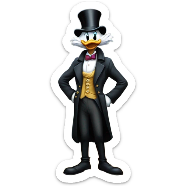 a slim successful looking scrooge mcduck standing atop a pile of money sticker