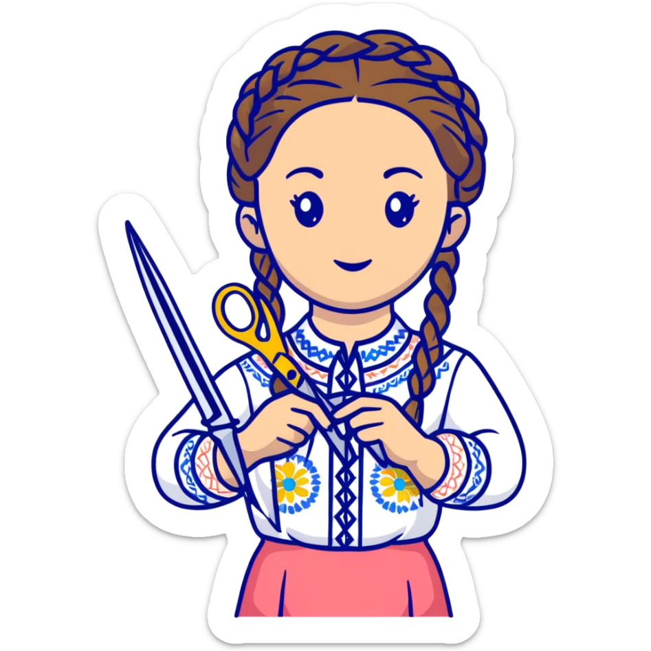 Ukrainian young girl with braided hair wearing a white embroidered traditional shirt (vyshyvanka) holding scissors and colorful craft paper sticker