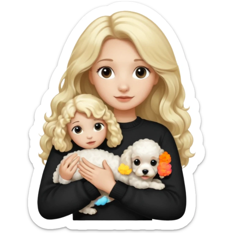 blonde girl with long hair in a black sweater holds a Poodle puppy in her arms sticker