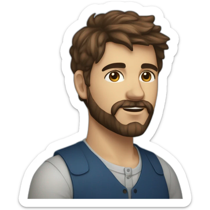 Un jeune homme avec une barbe légèrement fournie, des cheveux courts bruns et un regard confiant, vêtu d'une chemise à carreaux bleu marine. sticker