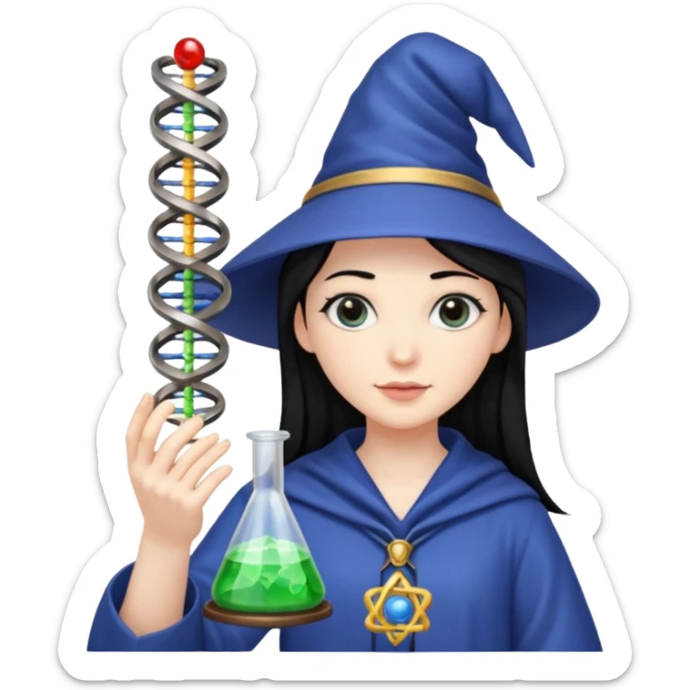 Female wizard with black hair holding a double helix DNA one hand and a methyl group in the other sticker