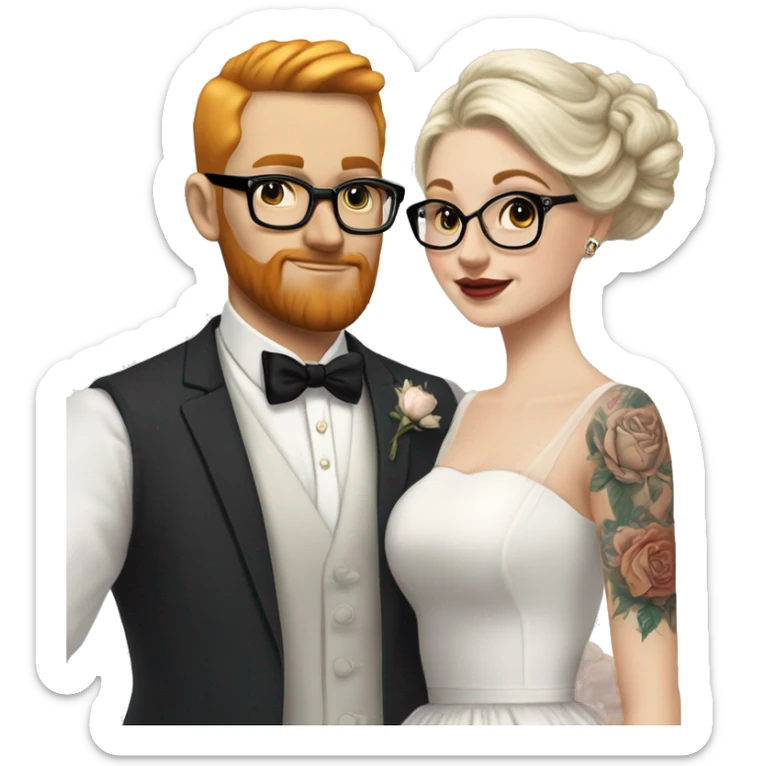 White Blonde hair up bride glasses tattoos vintage tea length dress with white groom black glasses ginger beard no head hair sticker