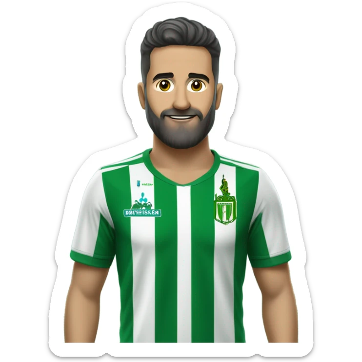 Un aficionado calvo con barba seguidor del equipo de fútbol de la liga Del Real Betis Balompié, es decir, camiseta verde y blanca con 13 rayas verticales sticker