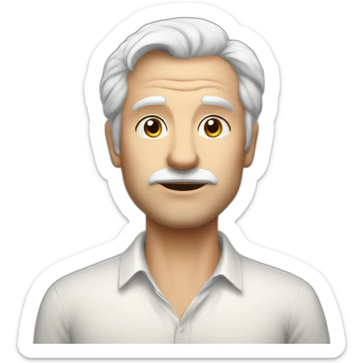 Unsure european shaved guy in his fifties with mid long white hair wearing a shirt saying hello sticker