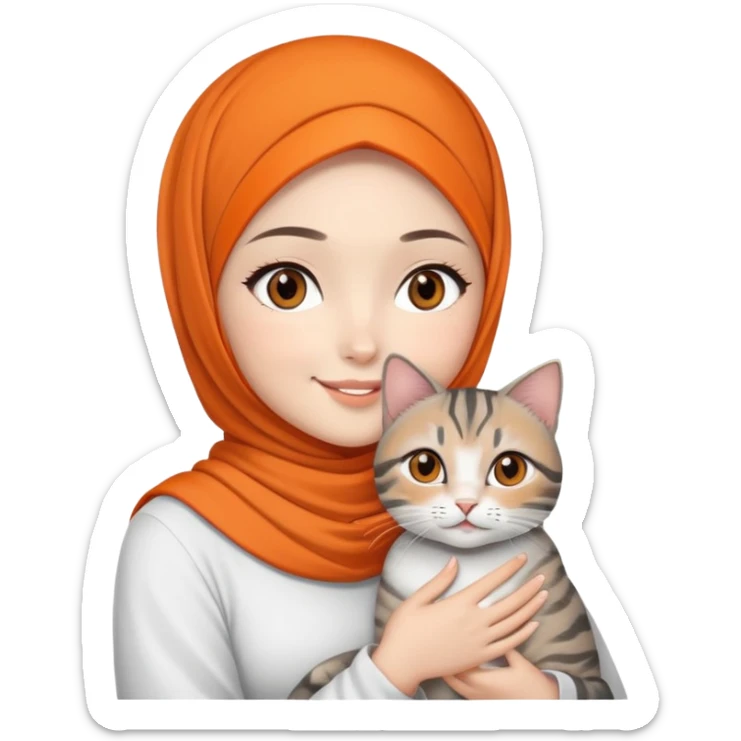 Asian White girl with black eyes wearing orange hijab and white dress holding a black grey tabby cat while smiling.  sticker