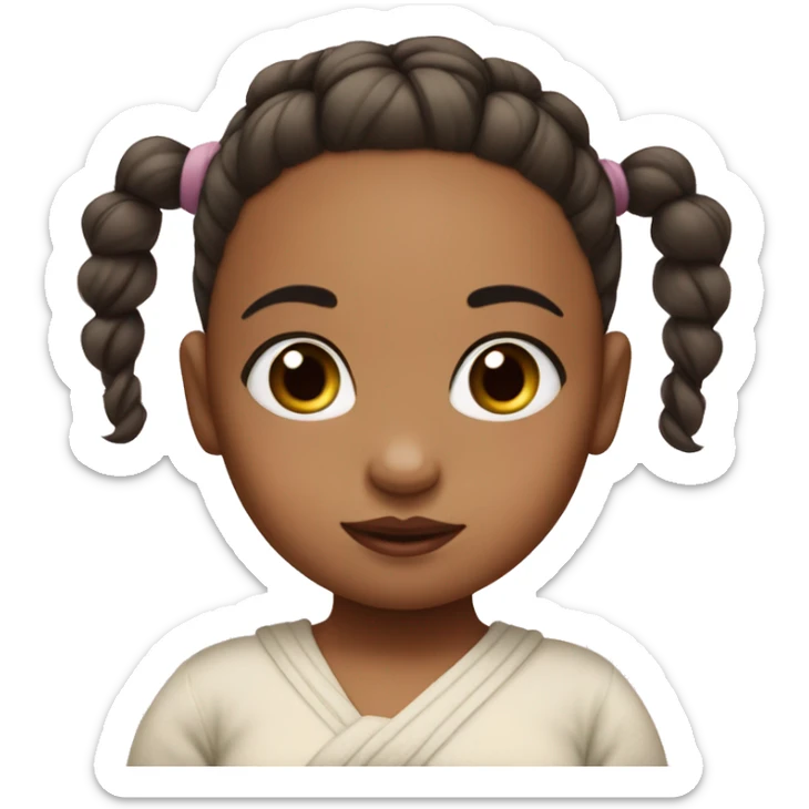 Baby girl with her hair tied up in a bun and she has white skin sticker