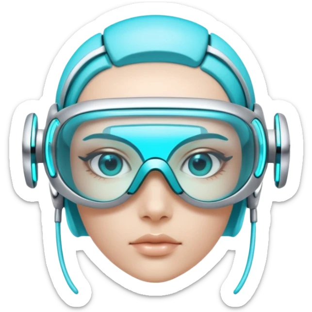 3D render of Digi-Visor, futuristic cyborg aesthetic, fusion of organic skin and chrome metal, sleek white plastic eyewear with a cyan glowing strip, isolated on white background --v 6.0. sticker