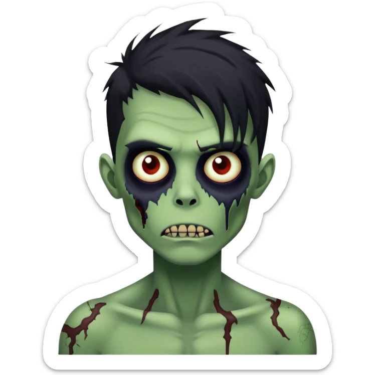 brunette zombie boy with horror green skin and long black messy hair sticker