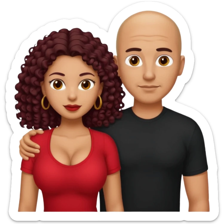 A picture of a sexy tanned couple. the guy is Mexican, with a bald hair cut and a red shirt. the girl is mixed, she has curly longer dark brown hair, and with big boobs and wearing black shirt  sticker