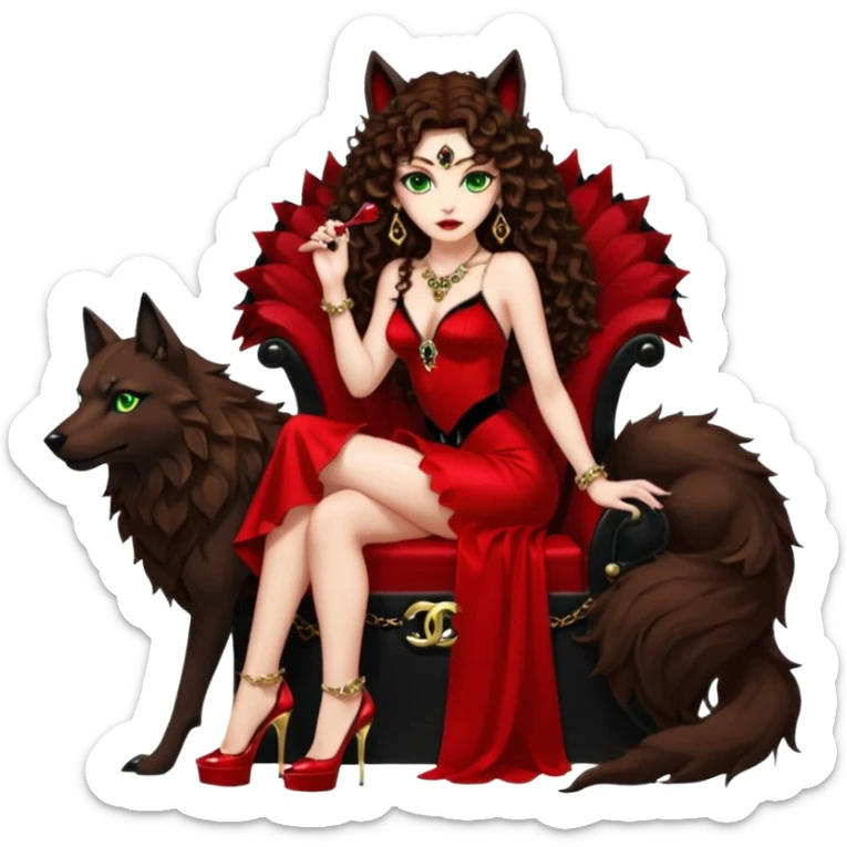 Lilith green eyes, symbol seductress evil brown curly long hair haired, sexy succubus woman with red and black Chanel dress on. A red and black stiletto platform high heel shoes on. sitting on a Black and gold throne. A large black fur wolf sitting beside her. Red rubies surround them both sticker