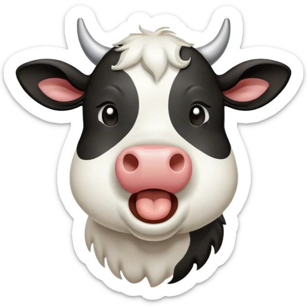 Cinematic Cute Yawning Black and White Cow Portrait Emoji, Head tilted slightly with a dramatic, wide-open yawn, showcasing a smooth, contrasting coat of black and white, floppy ears slightly drooping, round brown eyes barely open in drowsy contentment, Simplified yet irresistibly adorable features, highly detailed, glowing with a soft, cozy glow, high shine, relaxed yet expressive, stylized with a touch of modern whimsy, bright and endearing, soft glowing outline, capturing the essence of a sleepy yet affectionate cow, so drowsy it feels like it could stride out of the screen and curl up for a nap! sticker