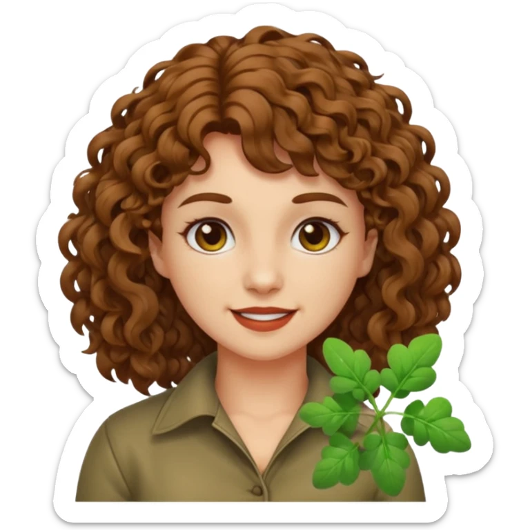 bust woman short curly brown mullet hair brown eyes white skin chewing clover stem, sarcastic grin sticker