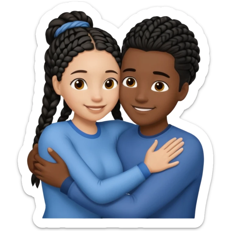 Dark black girl with black braids and dark tan white boy with curvy straight brown hair, they are hugging and smiling, and touching each other with their hands sticker
