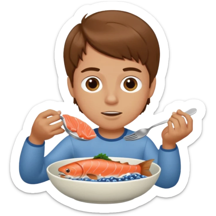 A white boy with brown hair eating salmon out of a bowl sticker