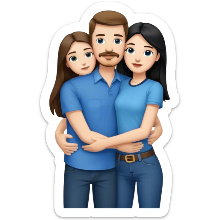 tall white guy with brown hair goatee mustache wearing blue shirt and black jeans hugging a shorter white girl with long black hair with blue jeans and white shirt sticker