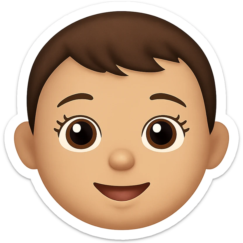 emoji de bebé de un año con pelo corto marrón, ojos marrones grandes con pestañas, cejas marrones y labios rosas, fondo transparente sticker