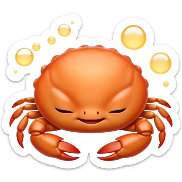 Meme-Worthy Cute Sleeping Baby Crab Portrait Emoji, Head and body resting peacefully with a contented smile, showcasing a petite, delicately armored form and eyes gently closed in serene slumber, Simplified yet adorably endearing features, highly detailed, glowing with a soft, drowsy coastal light, high shine, relaxed and utterly lovable, stylized with an air of playful laziness, soft glowing outline, capturing the essence of a sleeping baby crab that feels destined to become the next viral icon of adorable rest! sticker