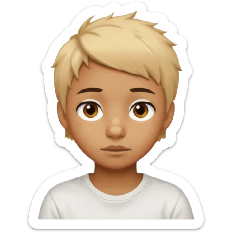 caramel skin color. Teen age. Short buzz, messy blonde hair, large expressive golden-brown eyes, brown skin color, scar over nose, wearing a plain white t-shirt. sticker