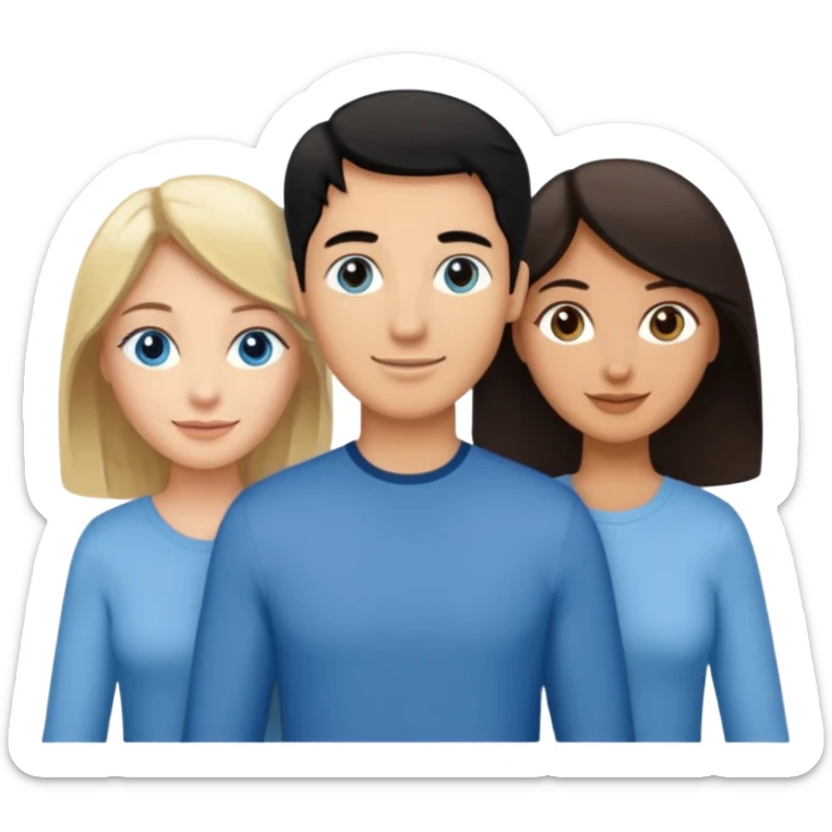 Blond woman blue eyes on left. Man with black hair and greye eye in the middle. Brown hair woman with greye eyes on the right. Happy together sticker