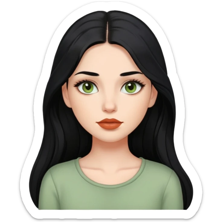 european girl with long black hair, long eyelashes, terracotta lips, light green top sticker