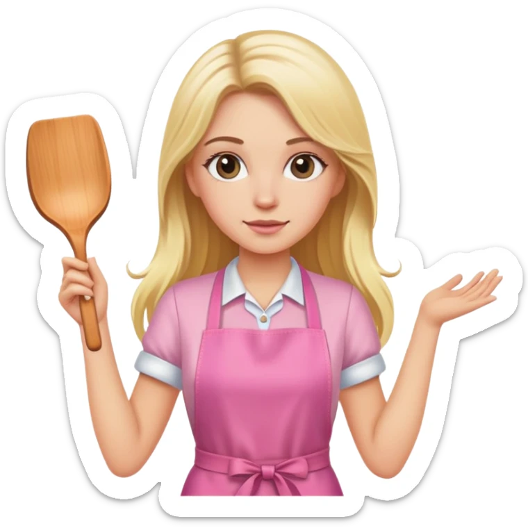 A white girl with long blond hair in pink apron sticker