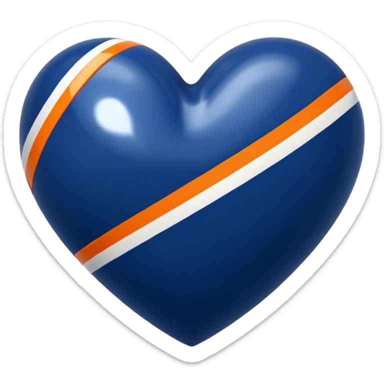 Glossy, sporty dark blue heart with diagonal white and orange athletic stripes going down one side sticker